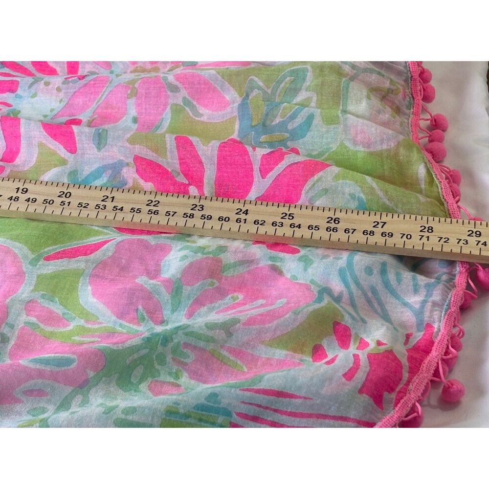 Classic Whimsy Floral Pink & Green Pom Pom Kaftan Cover Up Tropical Floral S/M - Picture 6 of 6